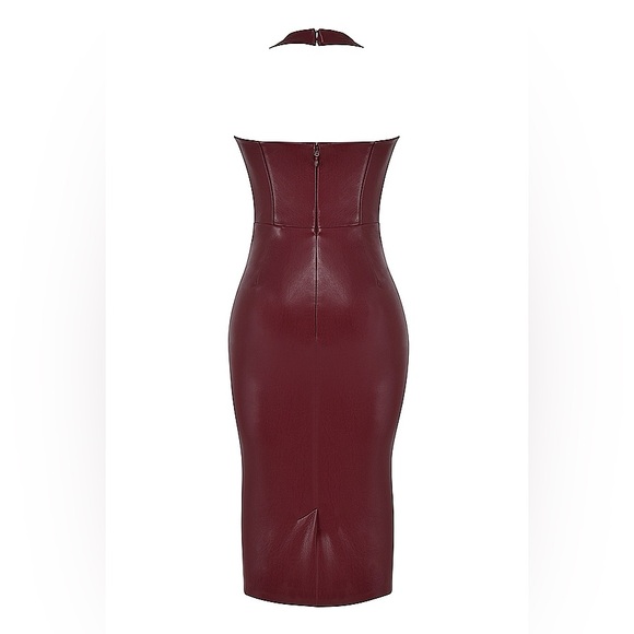 HOUSE OF CB “JAQUETTA” WINE VEGAN LEATHER MIDI DRESS - Picture 12 of 16